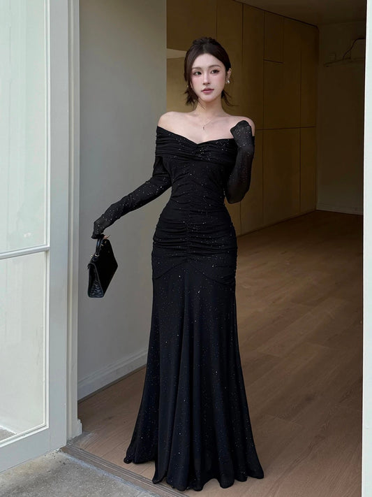 Sparkly Mermaid Off The Shoulder Black Sequin With Long Sleeves Cruise Ship Formal Night Party Dresses 19th Birthday Outfit RB5746