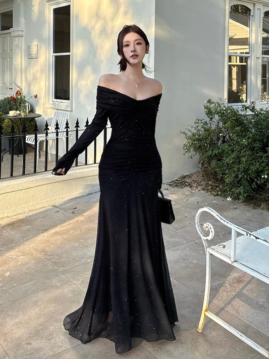 Sparkly Mermaid Off The Shoulder Black Sequin With Long Sleeves Cruise Ship Formal Night Party Dresses 19th Birthday Outfit RB5746