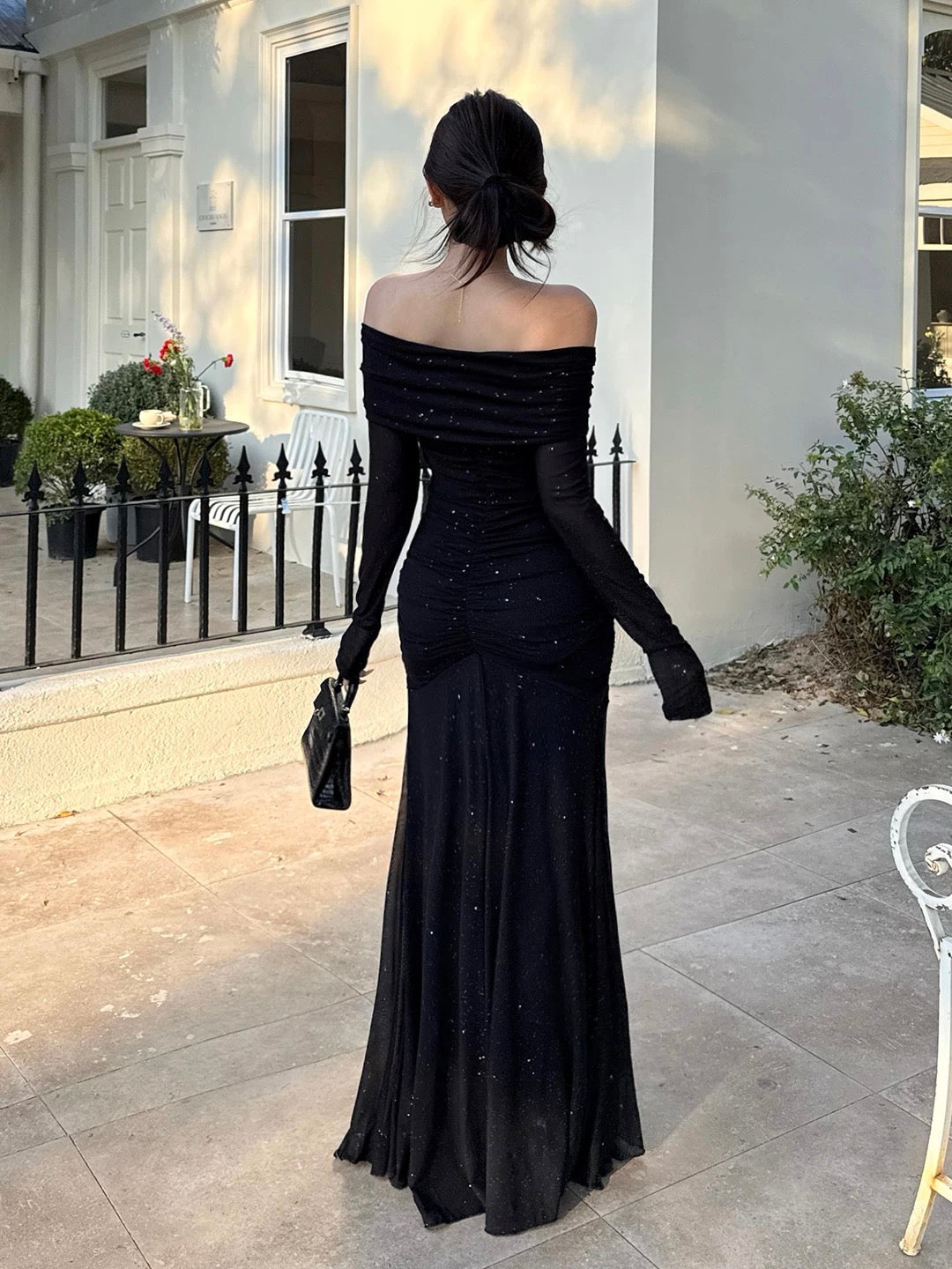 Sparkly Mermaid Off The Shoulder Black Sequin With Long Sleeves Cruise Ship Formal Night Party Dresses 19th Birthday Outfit RB5746
