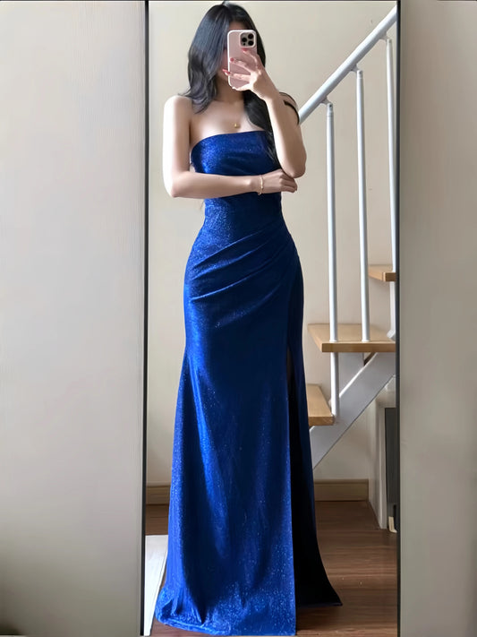 Sexy Mermaid Strapless Royal Blue Sequin Slit Long Cruise Ship Formal Night Evening Dresses 19th Birthday Outfit RB5752