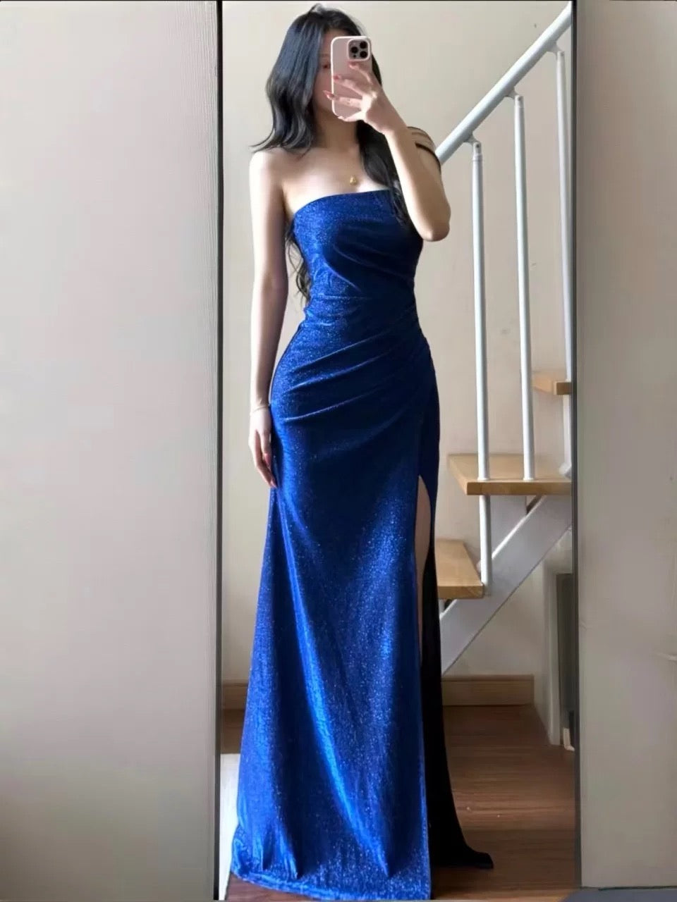 Sexy Mermaid Strapless Royal Blue Sequin Slit Long Cruise Ship Formal Night Evening Dresses 19th Birthday Outfit RB5752