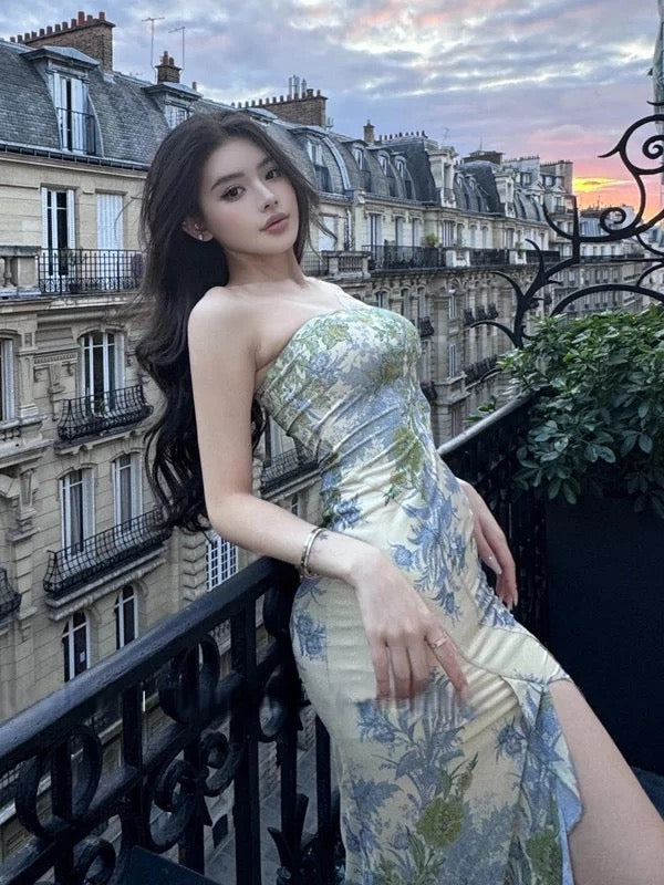 Sexy Mermaid Strapless Green Floral Slit Long Cruise Ship Formal Night Evening Dresses 19th Birthday Outfit RB5751