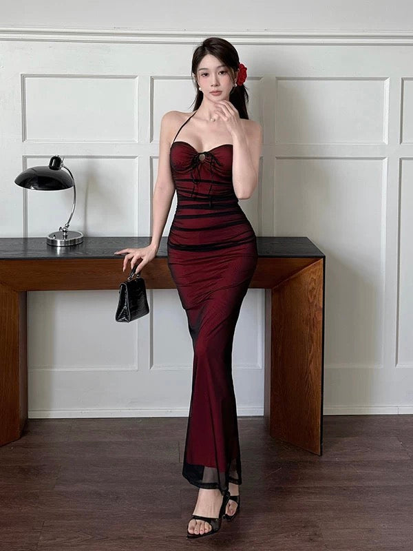Modest Mermaid Halter Black Tulle Red Beach Holiday Outfits Date Night 19th Birthday Outfit Formal Dresses RB5747