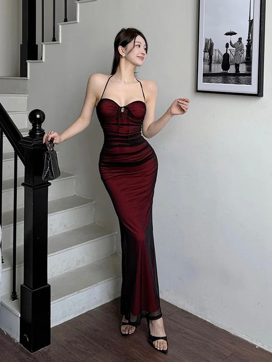Modest Mermaid Halter Black Tulle Red Beach Holiday Outfits Date Night 19th Birthday Outfit Formal Dresses RB5747
