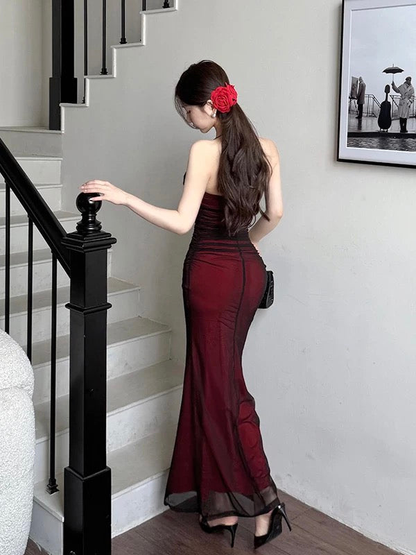 Modest Mermaid Halter Black Tulle Red Beach Holiday Outfits Date Night 19th Birthday Outfit Formal Dresses RB5747