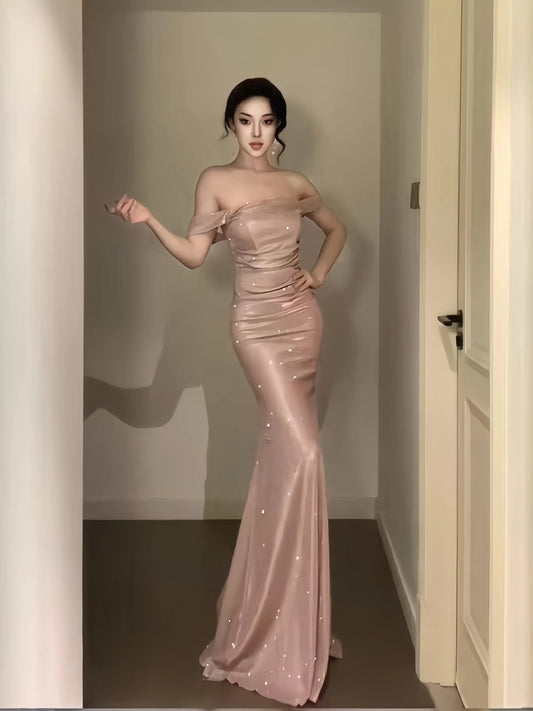 Sparkly Mermaid Square Neck Pink Sequin Long Cruise Ship Formal Night Evening Dresses 19th Birthday Outfit RB5749