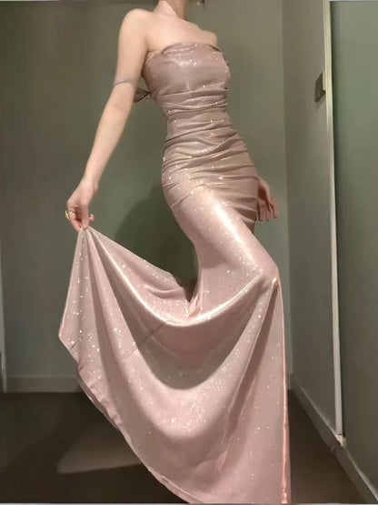 Sparkly Mermaid Square Neck Pink Sequin Long Cruise Ship Formal Night Evening Dresses 19th Birthday Outfit RB5749