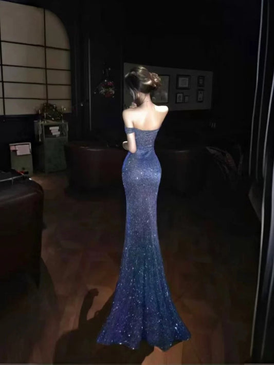 Sparkly Mermaid Off The Shoulder Navy Blue Sequin With Split Cruise Ship Formal Night Party Dresses 19th Birthday Outfit RB5756