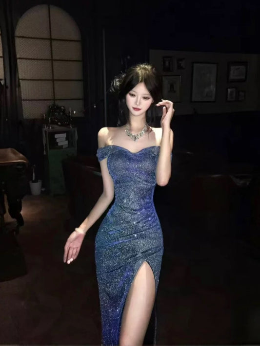 Sparkly Mermaid Off The Shoulder Navy Blue Sequin With Split Cruise Ship Formal Night Party Dresses 19th Birthday Outfit RB5756