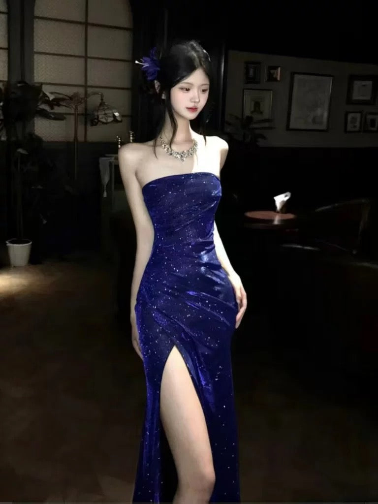 Sexy Mermaid Strapless Royal Blue Sequined Long Cruise Ship Formal Night Evening Dresses 19th Birthday Outfit RB5757