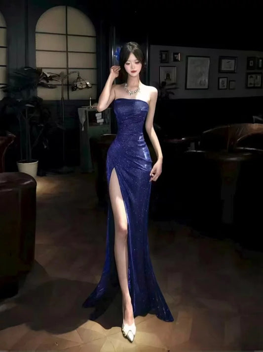 Sexy Mermaid Strapless Royal Blue Sequined Long Cruise Ship Formal Night Evening Dresses 19th Birthday Outfit RB5757