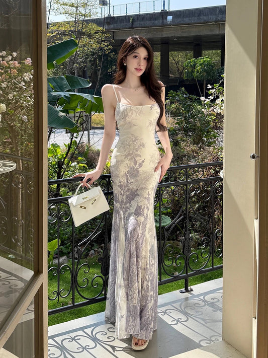 Sexy Mermaid Spaghetti Strap Floral Long Cruise Ship Formal Night Evening Dresses 19th Birthday Outfit RB5759