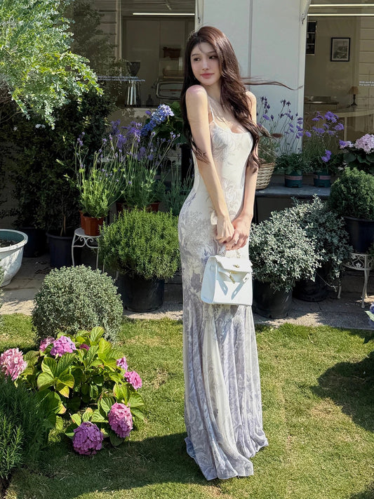 Sexy Mermaid Spaghetti Strap Floral Long Cruise Ship Formal Night Evening Dresses 19th Birthday Outfit RB5759
