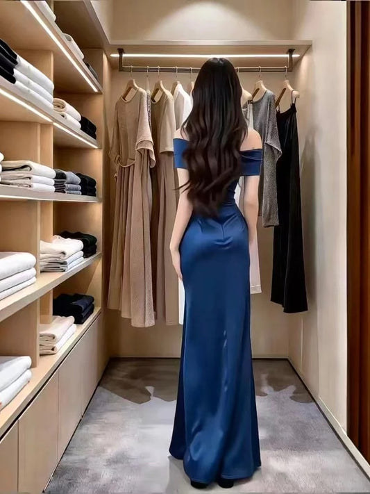 Classy Mermaid Off The Shoulder Navy Blue Satin With Split Cruise Ship Formal Night Party Dresses 19th Birthday Outfit RB5760