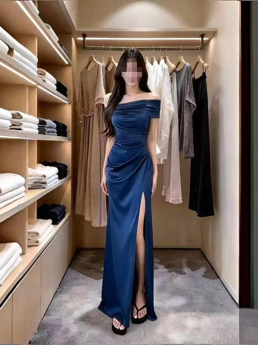 Classy Mermaid Off The Shoulder Navy Blue Satin With Split Cruise Ship Formal Night Party Dresses 19th Birthday Outfit RB5760