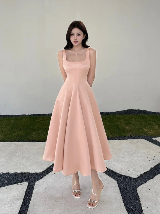 Sexy A line Square Neck Pink Satin Midi Length Cruise Ship Formal Night Party Dresses 19th Birthday Outfit RB5761