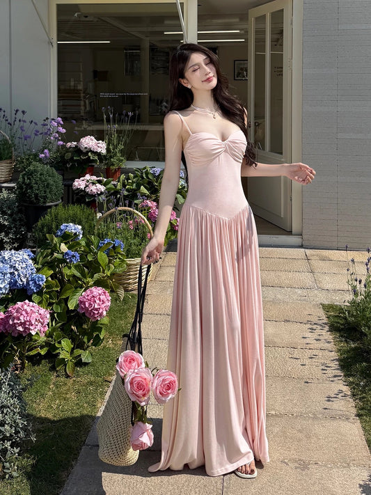 Sexy A line Spaghetti Strap Pink Floor Length Cruise Ship Formal Night Party Dresses 19th Birthday Outfit RB5763