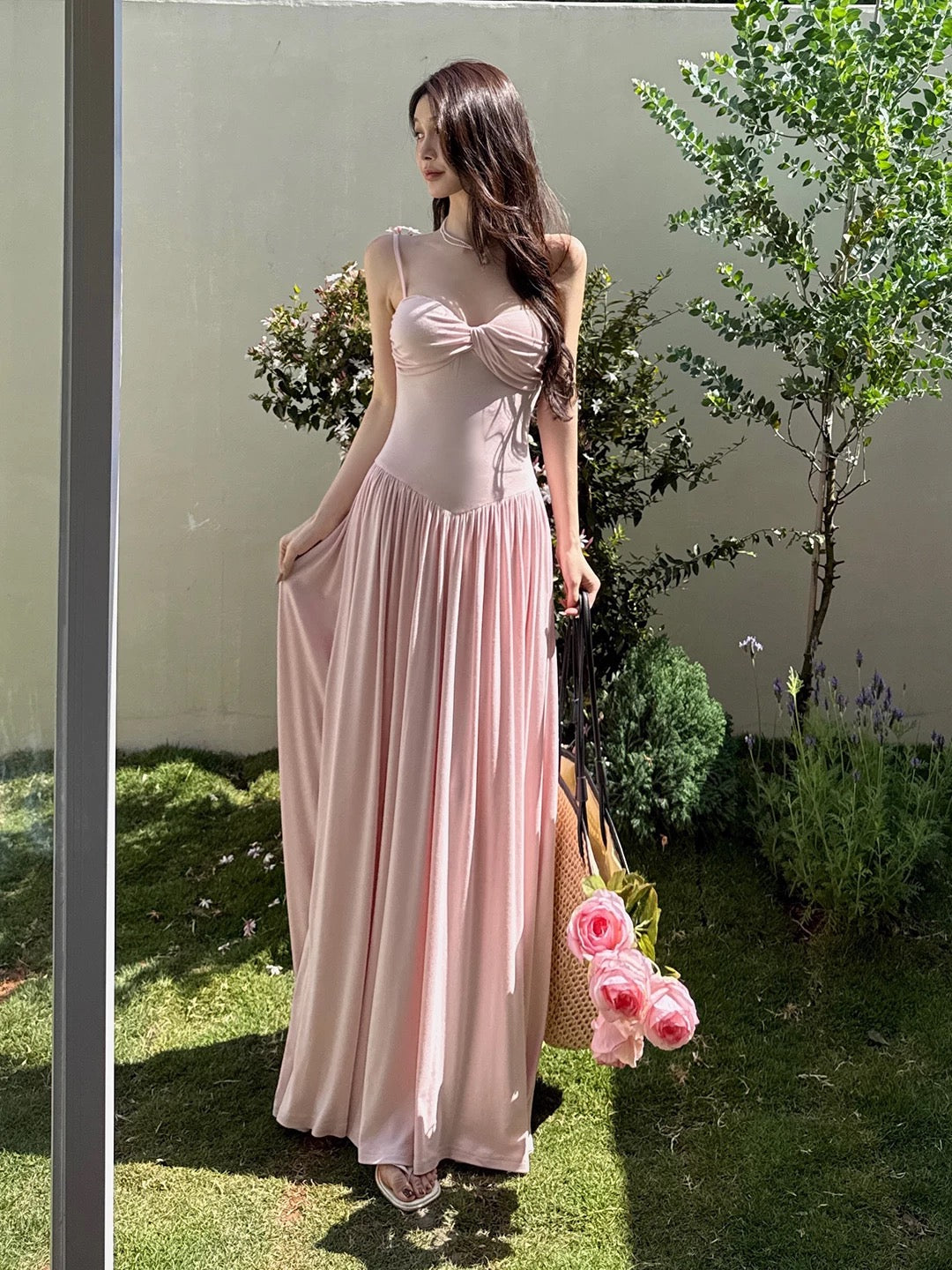 Sexy A line Spaghetti Strap Pink Floor Length Cruise Ship Formal Night Party Dresses 19th Birthday Outfit RB5763