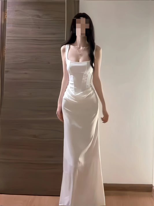 Sexy Mermaid Square Neck White Corset Fitted Floor Length Cruise Ship Formal Night Party Dresses 19th Birthday Outfit RB5764