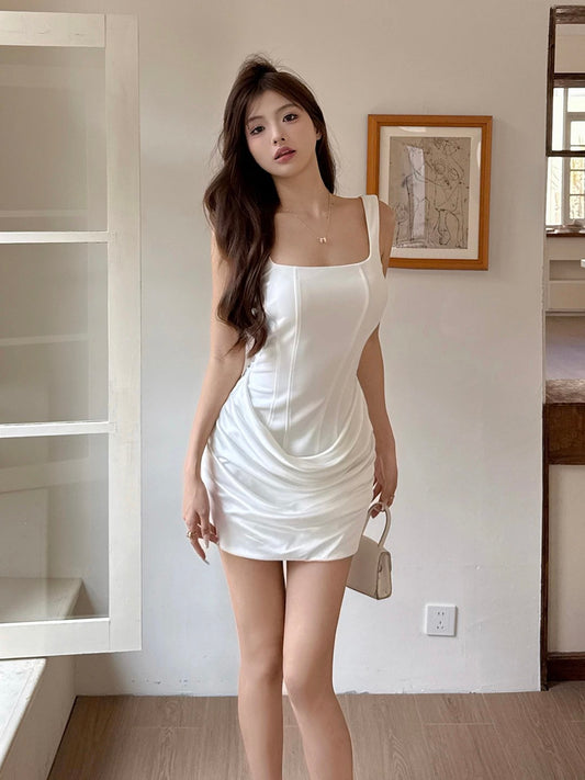 Cute Sheath Square Neck White Satin Short Birthday Gown Homecoming Dresses Ideas Hoco Outfits RB5770