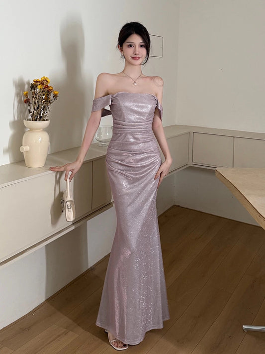 Sparkly Mermaid Off The Shoulder Pink Sequin Cruise Ship Formal Night Party Dresses 19th Birthday Outfit RB5766