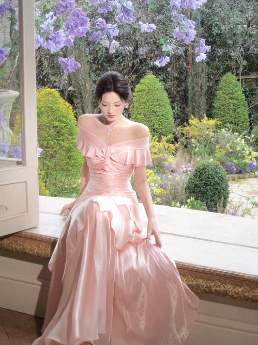 Modest Mermaid Off The Shoulder Pink Cruise Ship Formal Night Prom Gown Party Dresses 19th Birthday Outfit RB5767