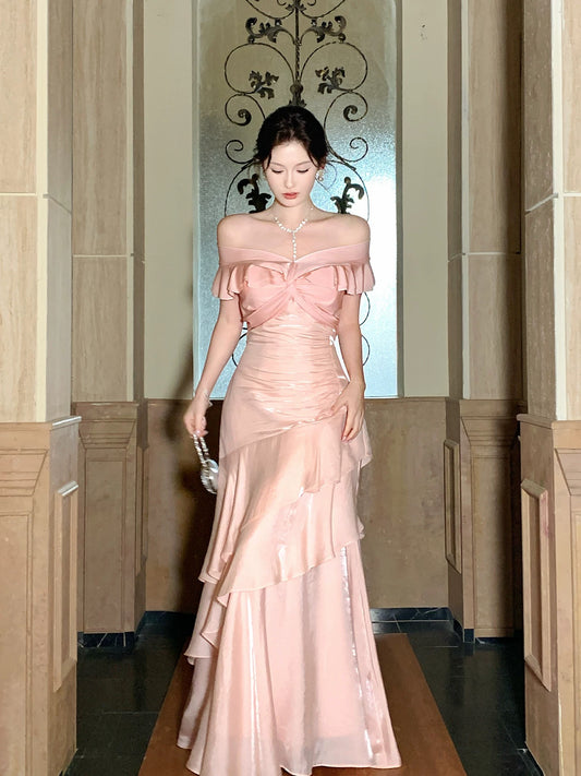 Modest Mermaid Off The Shoulder Pink Cruise Ship Formal Night Prom Gown Party Dresses 19th Birthday Outfit RB5767