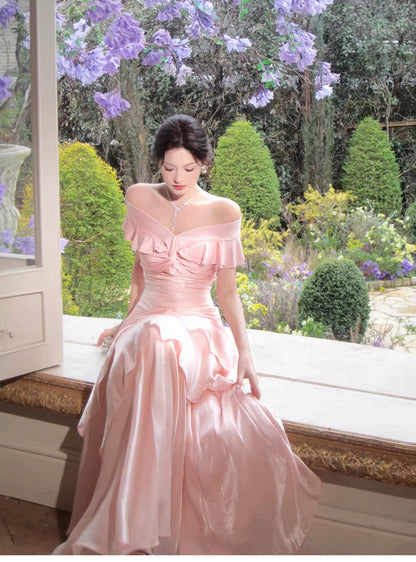 Modest Mermaid Off The Shoulder Pink Cruise Ship Formal Night Prom Gown Party Dresses 19th Birthday Outfit RB5767