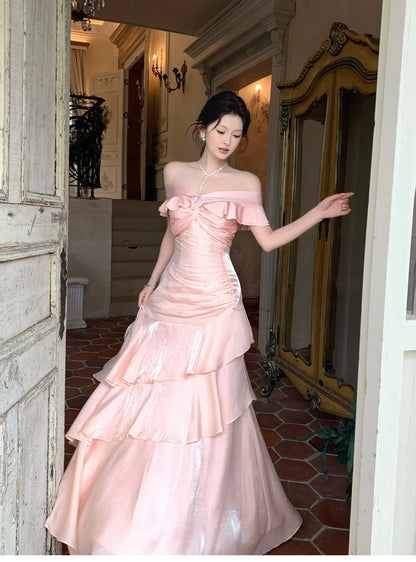 Pretty Mermaid Off The Shoulder Pink Cruise Ship Formal Night Prom Gown Party Dresses 19th Birthday Outfits RB5768