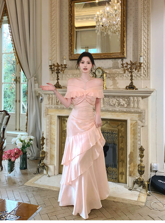 Pretty Mermaid Off The Shoulder Pink Cruise Ship Formal Night Prom Gown Party Dresses 19th Birthday Outfits RB5768