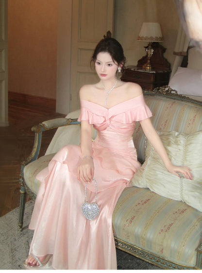 Sexy Mermaid Off The Shoulder Pink Fitted Floor Length Cruise Ship Formal Night Prom Dresses 19th Birthday Outfit RB5769