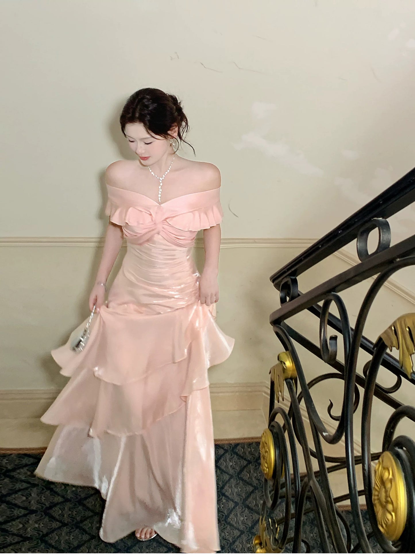 Sexy Mermaid Off The Shoulder Pink Fitted Floor Length Cruise Ship Formal Night Prom Dresses 19th Birthday Outfit RB5769