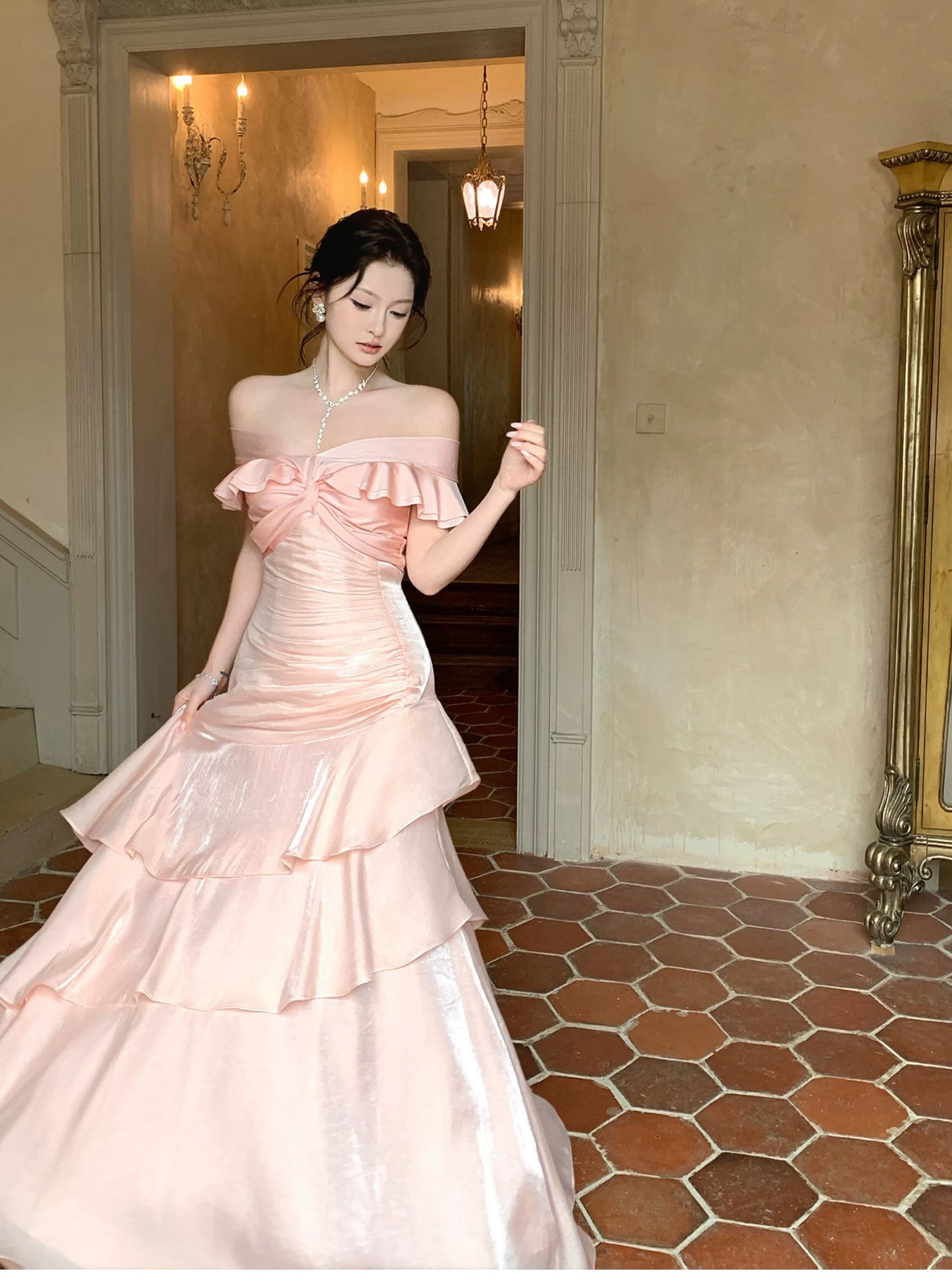 Pretty Mermaid Off The Shoulder Pink Cruise Ship Formal Night Prom Gown Party Dresses 19th Birthday Outfits RB5768