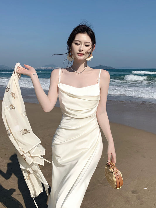 Maximalist Mermaid Spaghetti Strap White Cruise Ship Formal Night Evening Dresses Long Birthday Outfit RB3848