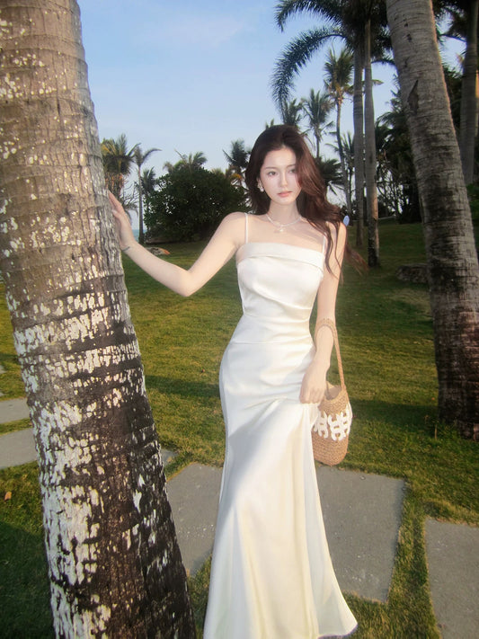Modest Mermaid Spaghetti Strap White Satin Sleeveless Spring Summer Event Outfits Wedding Guest Dresses RB3849