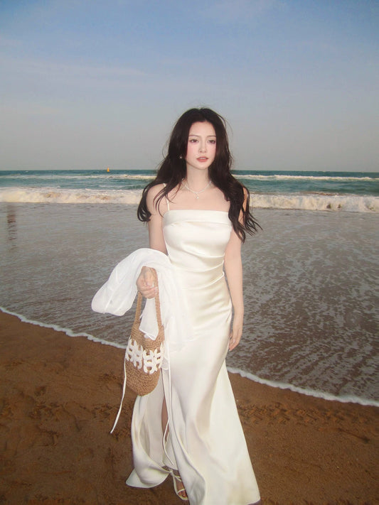 Modest Mermaid Spaghetti Strap White Satin Sleeveless Spring Summer Event Outfits Wedding Guest Dresses RB3849