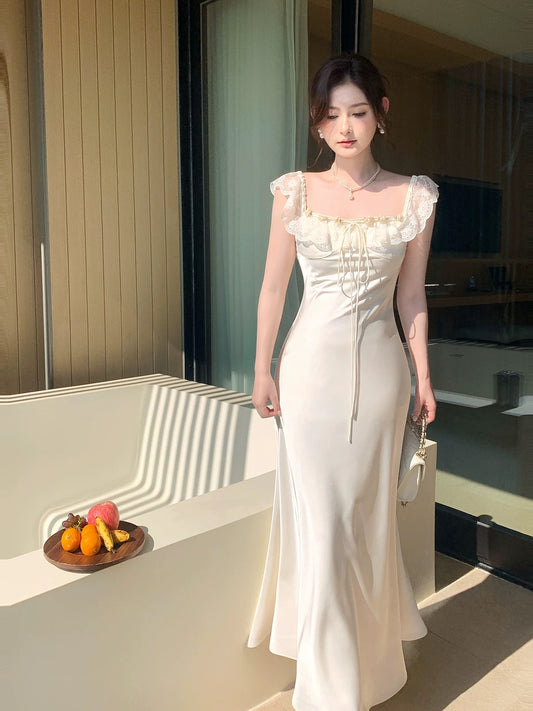 Modest Mermaid Square Neck White Satin Sleeveless Spring Summer Event Outfits Wedding Guest Dresses RB3850