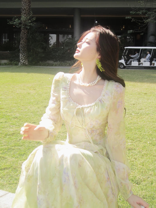 Modest A Line Square Neck Floral Chiffon With Long Sleeves Spring Summer Event Outfits Wedding Guest Dresses RB3851