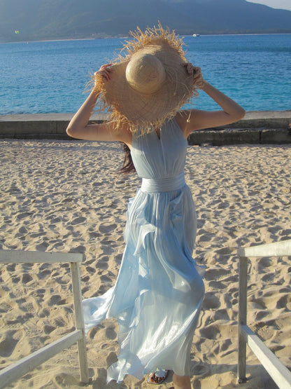 Robes de soirée formelles de croisière bleues en mousseline de soie à col bijou et ligne A maximaliste pour tenue du 18e anniversaire RB3852