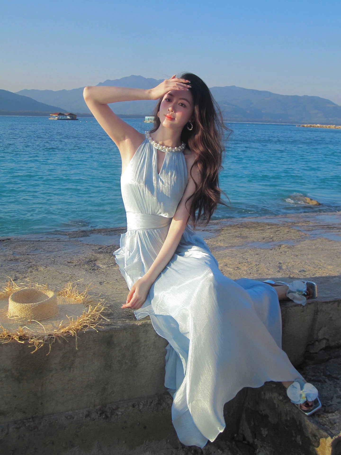 Robes de soirée formelles de croisière bleues en mousseline de soie à col bijou et ligne A maximaliste pour tenue du 18e anniversaire RB3852
