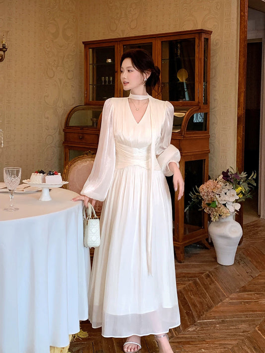 Modest A Line V Neck White Chiffon With Long Sleeves Spring Summer Event Outfits Wedding Guest Dresses RB3853
