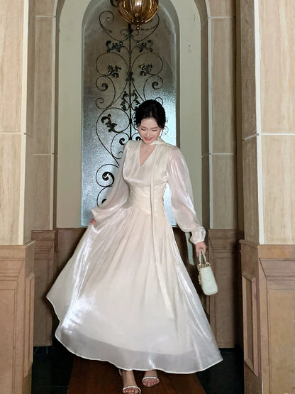 Modest A Line V Neck White Chiffon With Long Sleeves Spring Summer Event Outfits Wedding Guest Dresses RB3853