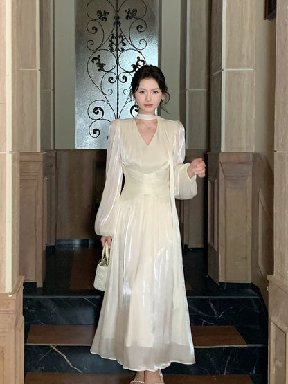 Modest A Line V Neck White Chiffon With Long Sleeves Spring Summer Event Outfits Wedding Guest Dresses RB3853
