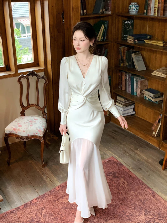 Modest Mermaid V Neck Ivory With Long Sleeves Spring Summer Event Outfits Wedding Guest Dresses RB3855