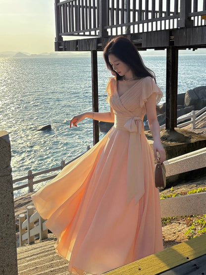 Robes d'invités de mariage RB3857 – Tenues de printemps-été en mousseline de soie rose poudré modestes, coupe trapèze et col en V