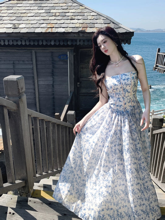 Maximalist A line Spaghetti Strap Floral Blue Chiffon Cruise Ship Formal Night Evening Dresses 18th Birthday Outfit RB3858