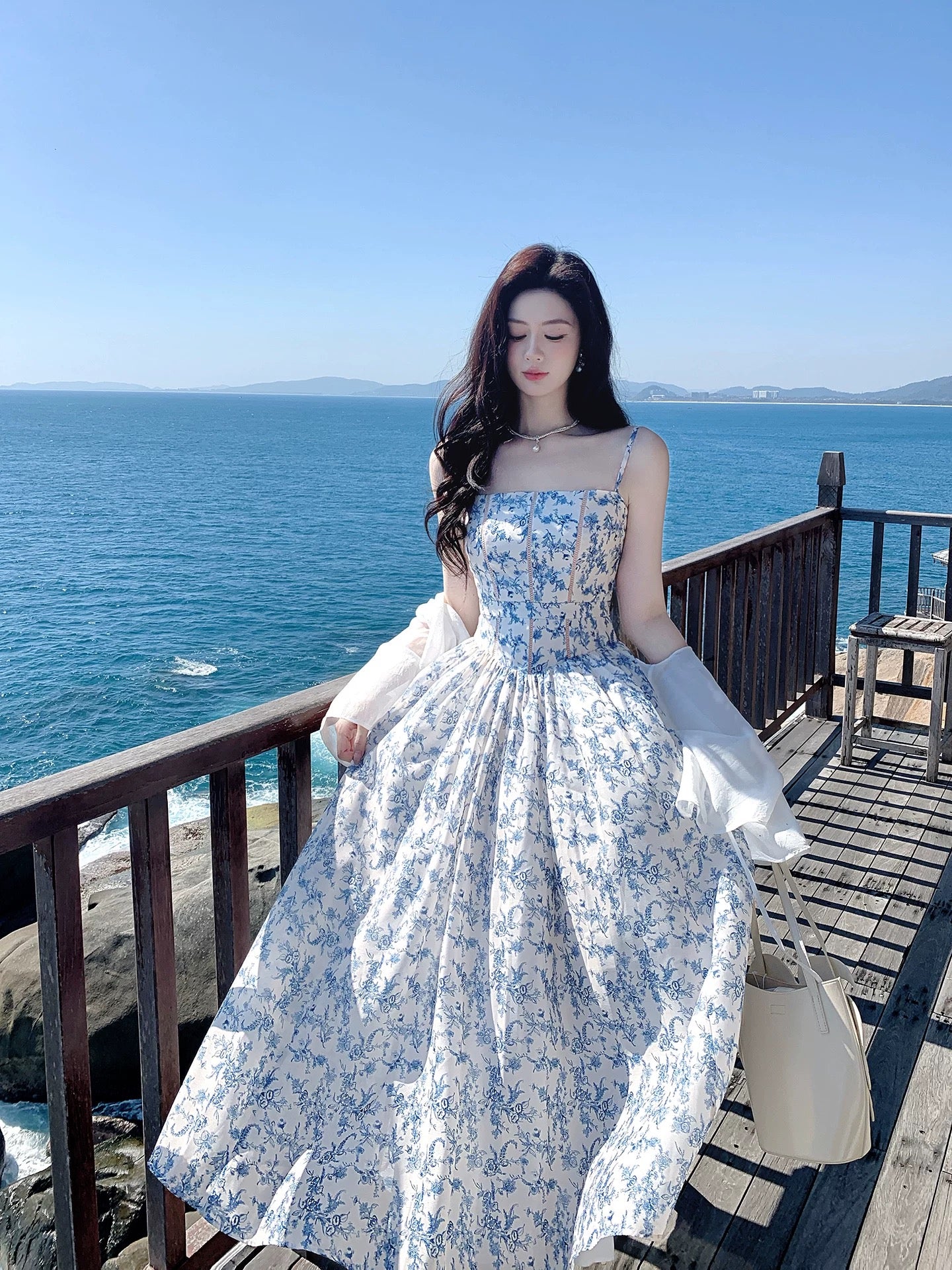 Maximalist A line Spaghetti Strap Floral Blue Chiffon Cruise Ship Formal Night Evening Dresses 18th Birthday Outfit RB3858