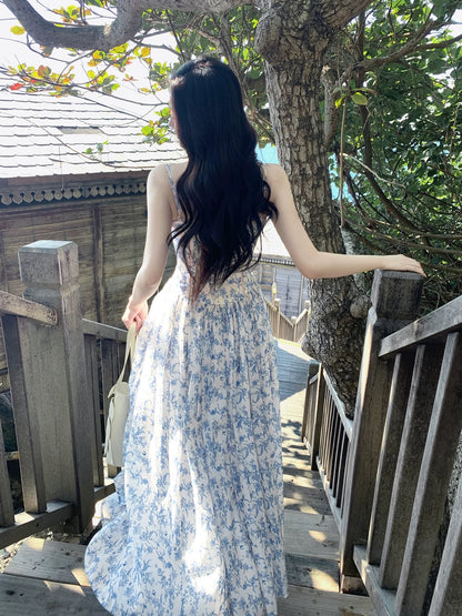 Maximalist A line Spaghetti Strap Floral Blue Chiffon Cruise Ship Formal Night Evening Dresses 18th Birthday Outfit RB3858