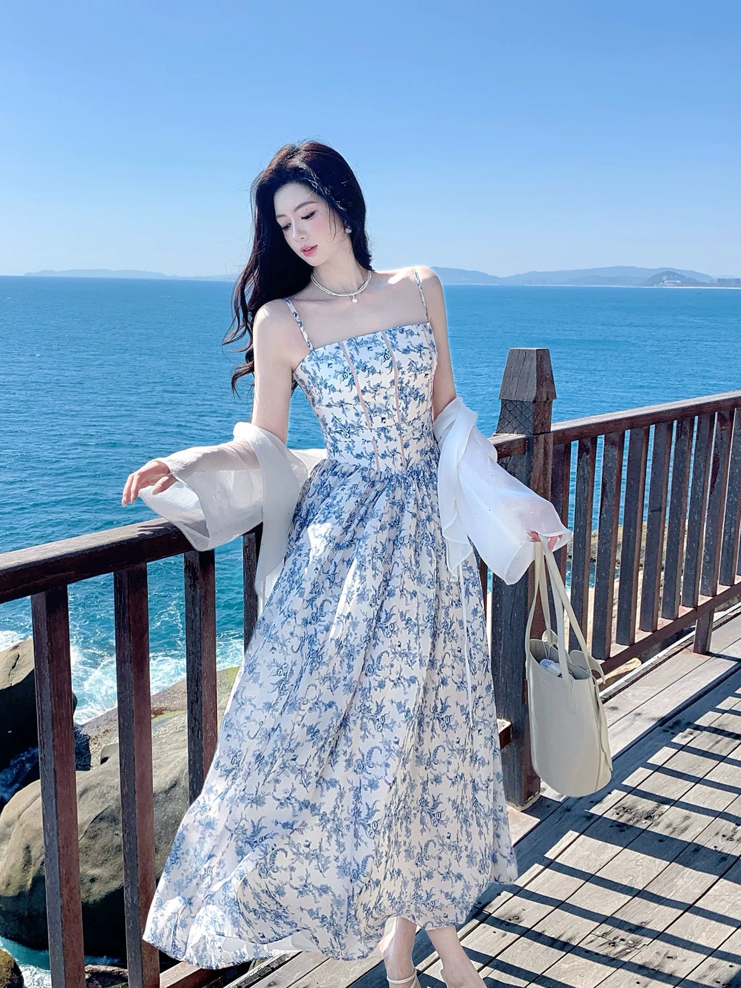 Maximalist A line Spaghetti Strap Floral Blue Chiffon Cruise Ship Formal Night Evening Dresses 18th Birthday Outfit RB3858