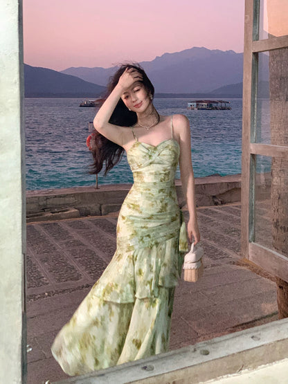 Robes de soirée en mousseline de soie verte à bretelles spaghetti et imprimé floral pour sirène flamboyante, parfaites pour les croisières et les 18 ans RB3859